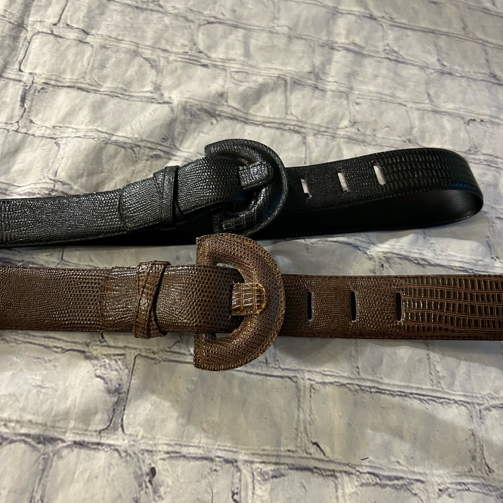 LOT OF (2) VINTAGE GENUINE SKIN PRINT WOMENS BROWN AND BLACK LEATHER BELTS M/L